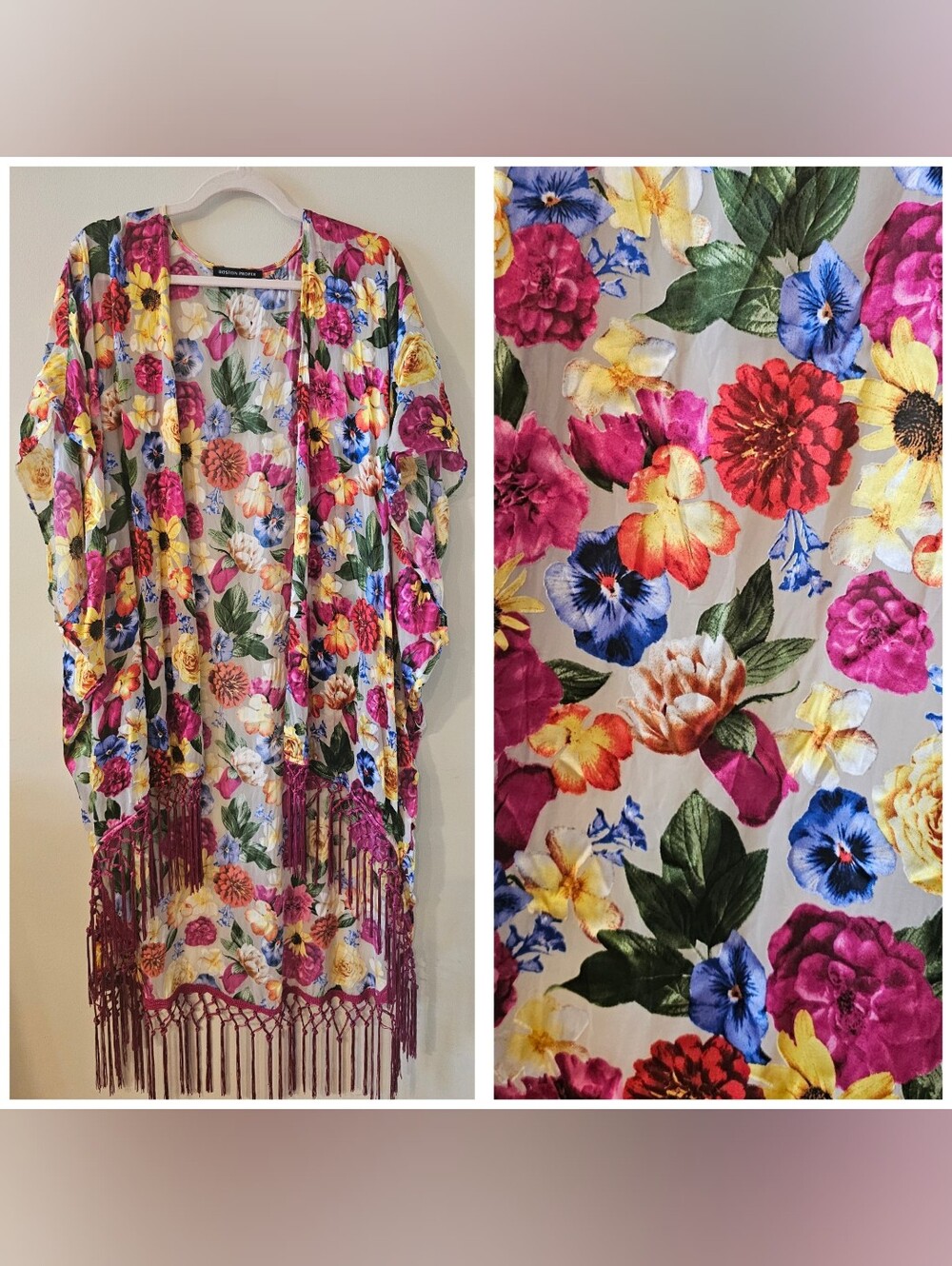 Boston Proper Floral Burnout Novelty Fringe Festival Boho Kimono Jacket M L OSFM